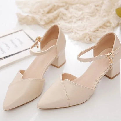 Sandália Feminina Elegante Bege Bico Fino Salto Médio Tira Fina Transpassada Fivela Sapatos de Escritório Diários
