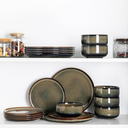 Handcrafted Terra Ceramic Dinnerware Set for 4, 12-Piece Reactive Glaze Plate and Bowl Set, Scratch-Resistant, Oven-Safe Dishwar