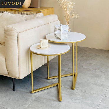 LUVODI Set of 2 Nesting Coffee Side Table Modern Accent End Table Metal Frame Round Sintered Stone Table Top for Living Room