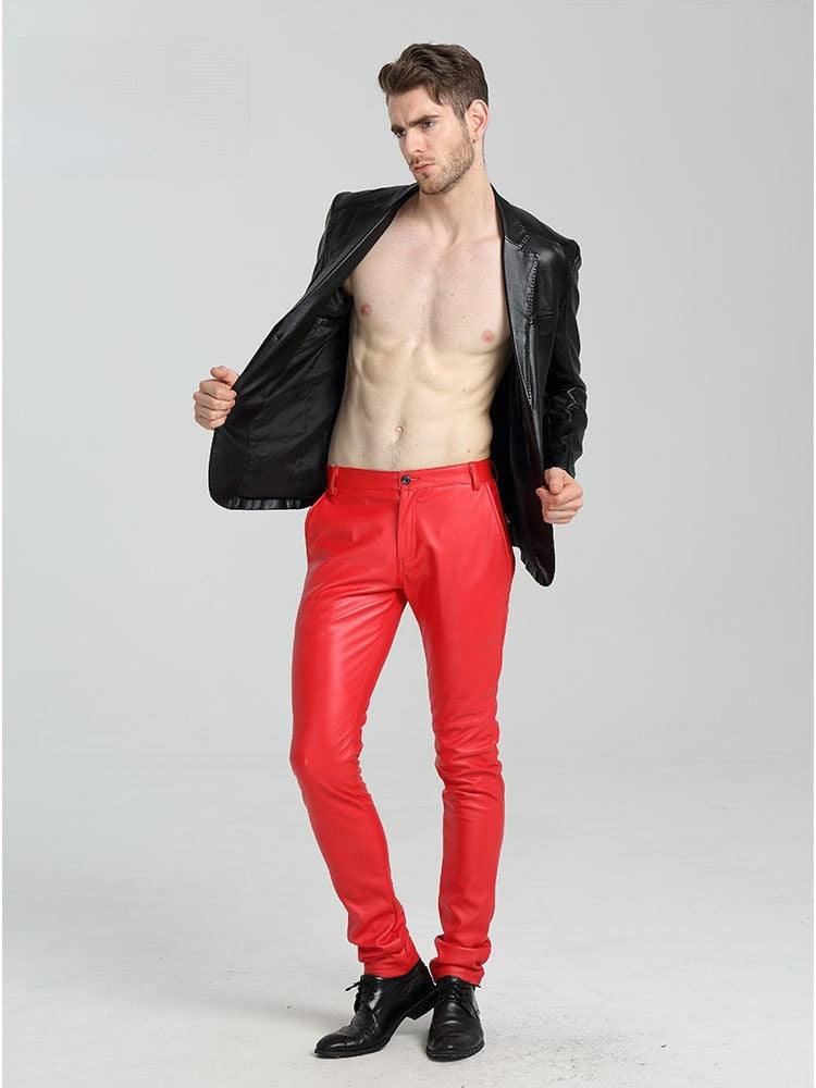Men's Slim Fit Leather Pants Motorcycle Trendy Sle Long Trousers Thiened PU Fabric Summer Season Faionable Biker Pants