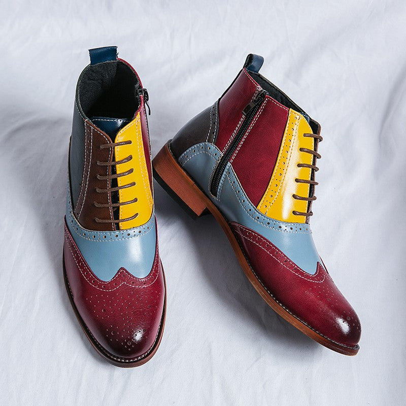 Luxury Fashion Men Leather Boots Flats British Style Sharp Pointed Color Matching Men Shoes Mens Slip-on Outdoor Flats Size 48