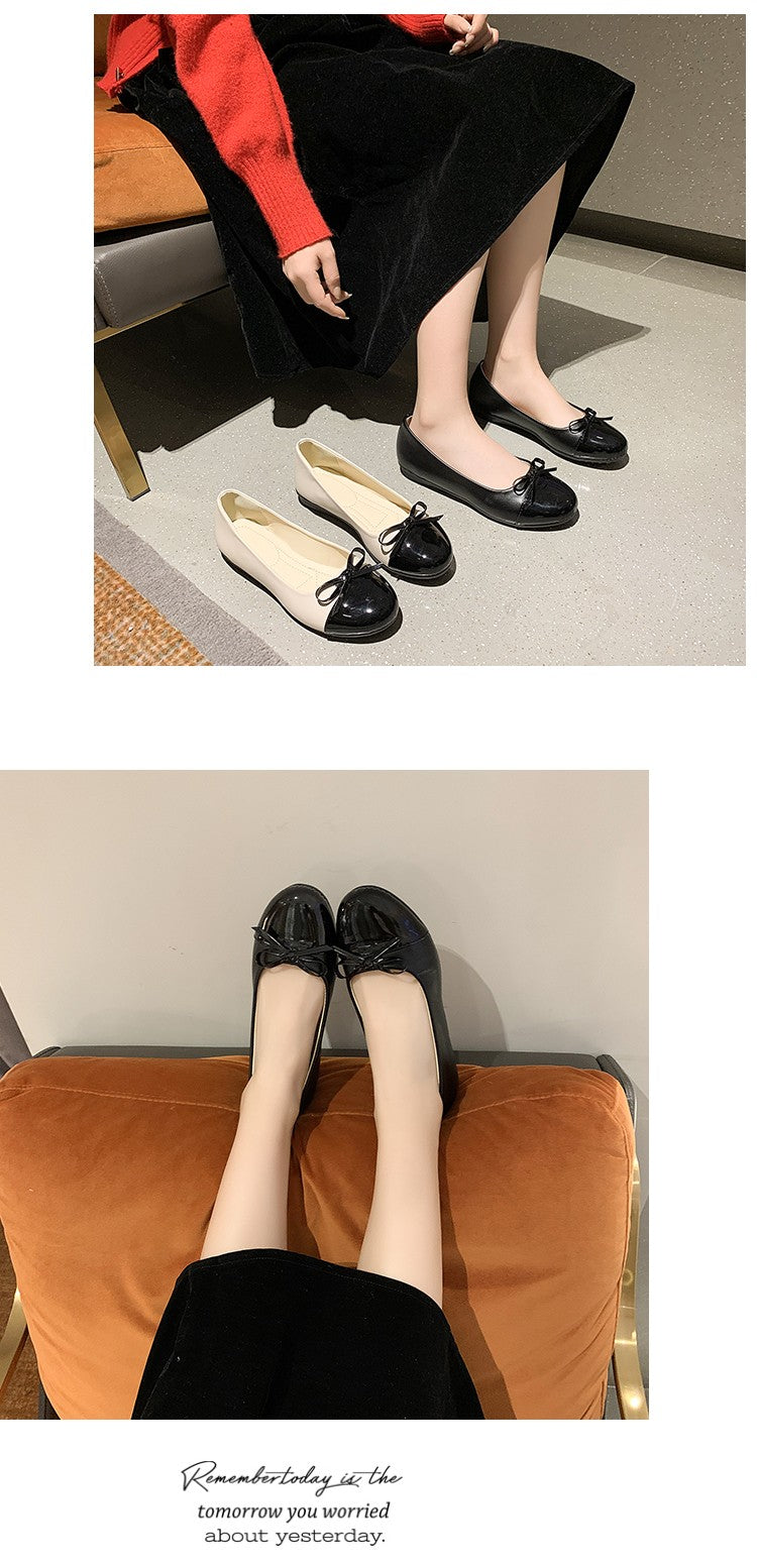 Comfortable Leather Version Flat Bottom Ballet Shoes Women's Slip-On French Butterfly Knot Versatile Easy Wear Casual Flats