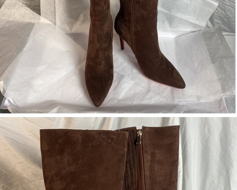 Ods Luxury Designer Sexy Pointed Toe Pole Knee High Brown Black Leather Red Sole Botas Mujer Boots For Women 8 10cm Big 41434546