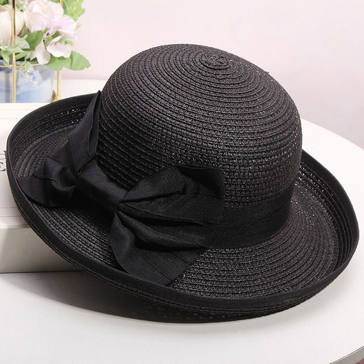 Chapéu de palha feminino de verão, edição coreana, com aba enrolada, elegante, com laço, chapéu de pesca para viagem, proteção solar e sombreamento, chapéu de praia