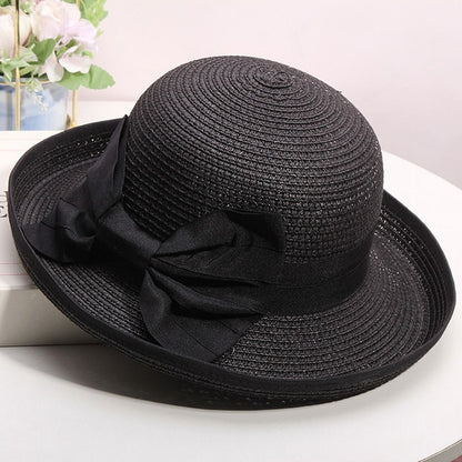 Chapéu de palha feminino de verão, edição coreana, com aba enrolada, elegante, com laço, chapéu de pesca para viagem, proteção solar e sombreamento, chapéu de praia