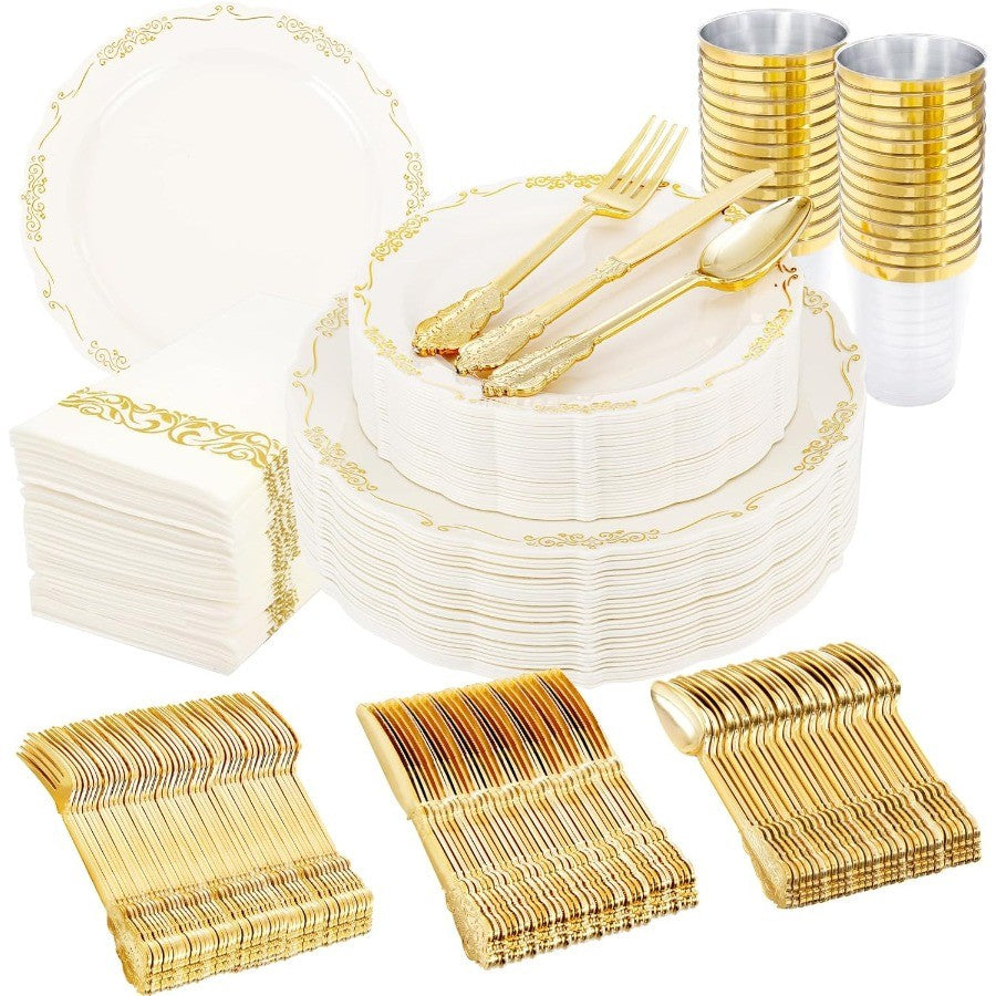210Pcs Ivory Plastic Plates Disposable Plates Heavy Duty Gold Plastic Dinnerware Set for Party Wedding Event Includes 30 Dinner