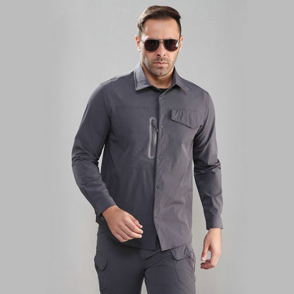 Stretch Men's Shirt Multiple Pockets Quick Drying Shirts High Quality Male Elastic Tooling Shirt Men Clothing Casual Shirts AF54