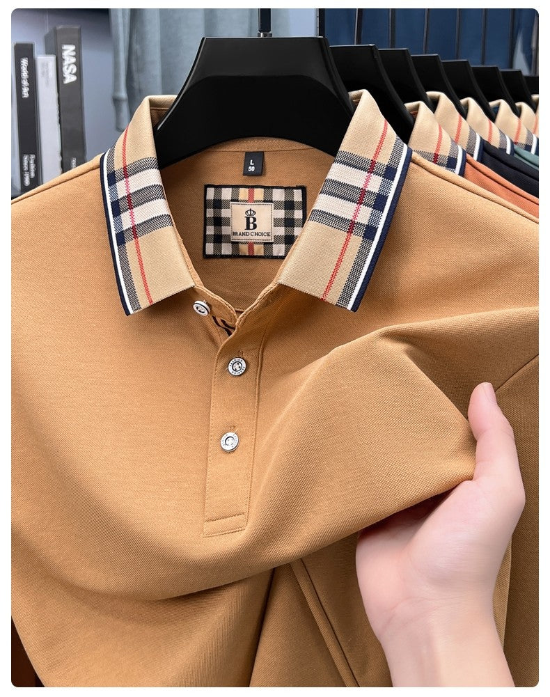 Luxury brand long sleeve polo shirt men comfortable casual autumn item silk cotton high-end Korean fashion plaid lapel T-shirt
