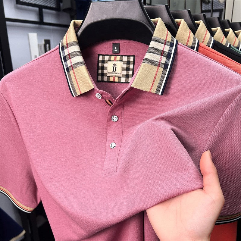 Luxury brand short sleeve polo shirt men's summer new silk cotton breathable fashion top casual business plaid lapel T-shirt