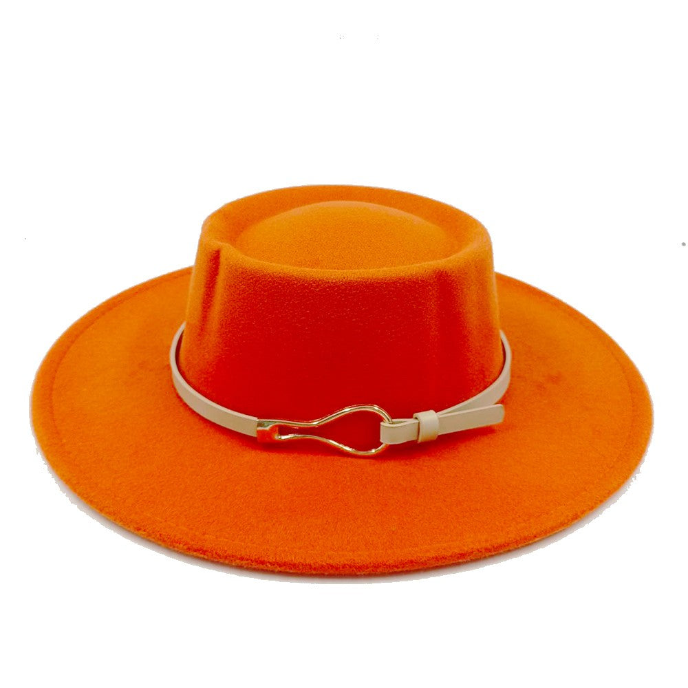 Acessórios femininos de fivela de couro metal com chapéu de feltro de pele com top côncavo e convexo, chapéu fedora e conjunto de bolsa combinando, estilo retrô