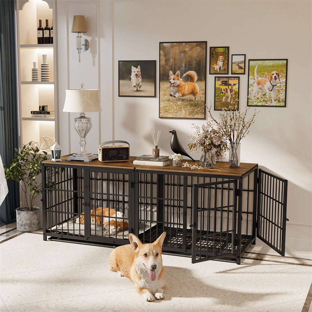 Caixa de Madeira Grande para Cães, Estilo Móvel Interno, Gaiola Elevada para Cães de Estimação, Canil, Mesa de Apoio, Cercado com Treliça, 3 Portas, Bandeja Removível