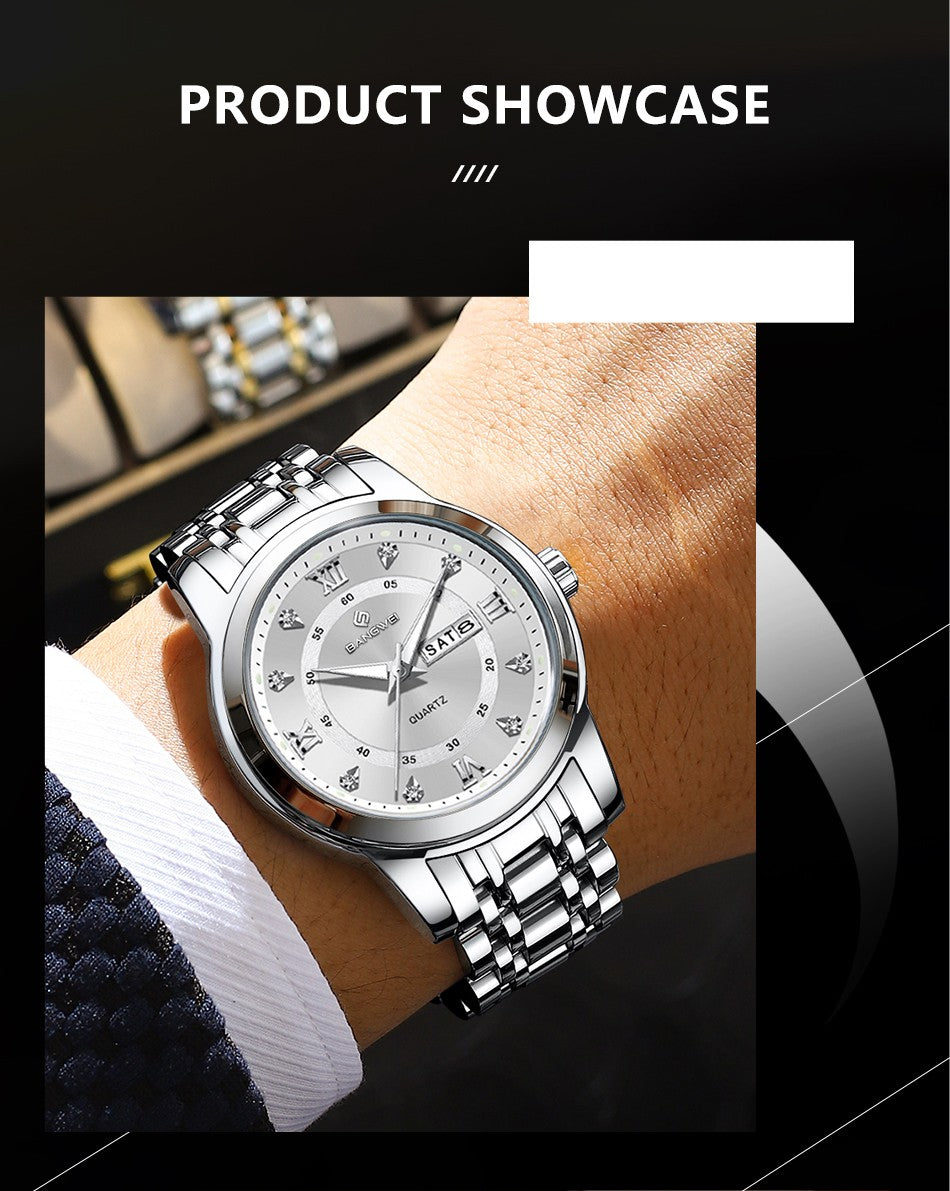 LIGE Brand BANGWEI Quartz Man Watch Fashion Stainless Steel Band Business Luxury Diamond Waterproof Calendar Watches for Men+Box