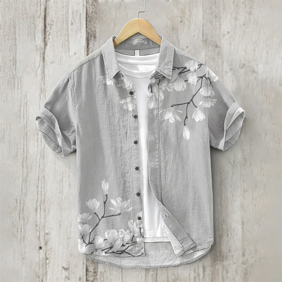 Men's Japanese Text Art 3D Printing Short Sleeved Shirt, Lapel Cardigan, Linen Bamboo knot, Cotton Button, Loose Hawaiian Shirt