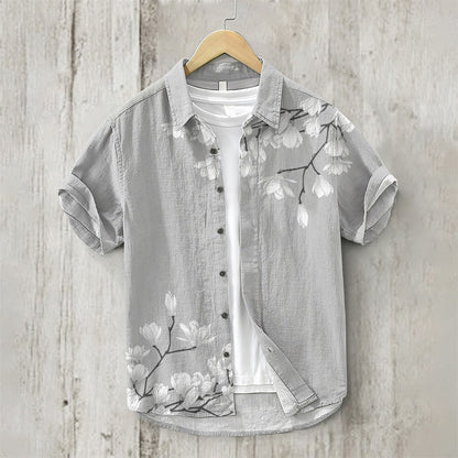 Men's Japanese Text Art 3D Printing Short Sleeved Shirt, Lapel Cardigan, Linen Bamboo knot, Cotton Button, Loose Hawaiian Shirt