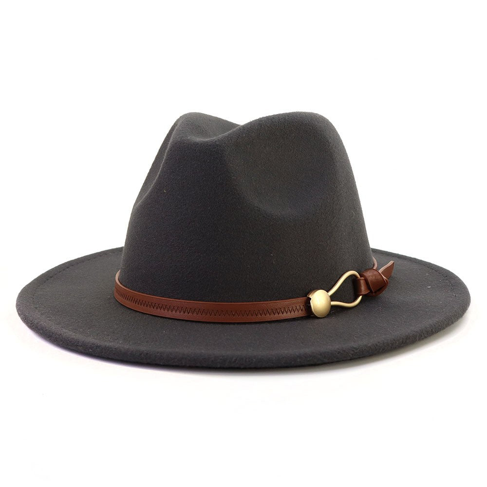 New Brown Belt Buckle Jazz Fedora Hat Autumn Winter Women Men Party Church Top Hat Wide Brim Sun Hat Felt Panama Cap