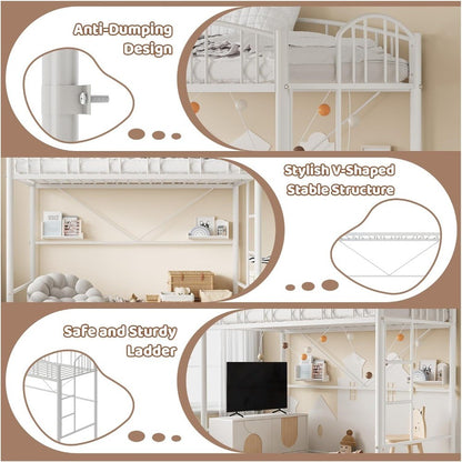 Cama Alta de Metal Resistente Tamanho Solteiro com Escada e Guarda-Corpo Arqueado, Suporte de Estrados de Aço Resistente, Design que Economiza Espaço – Branco