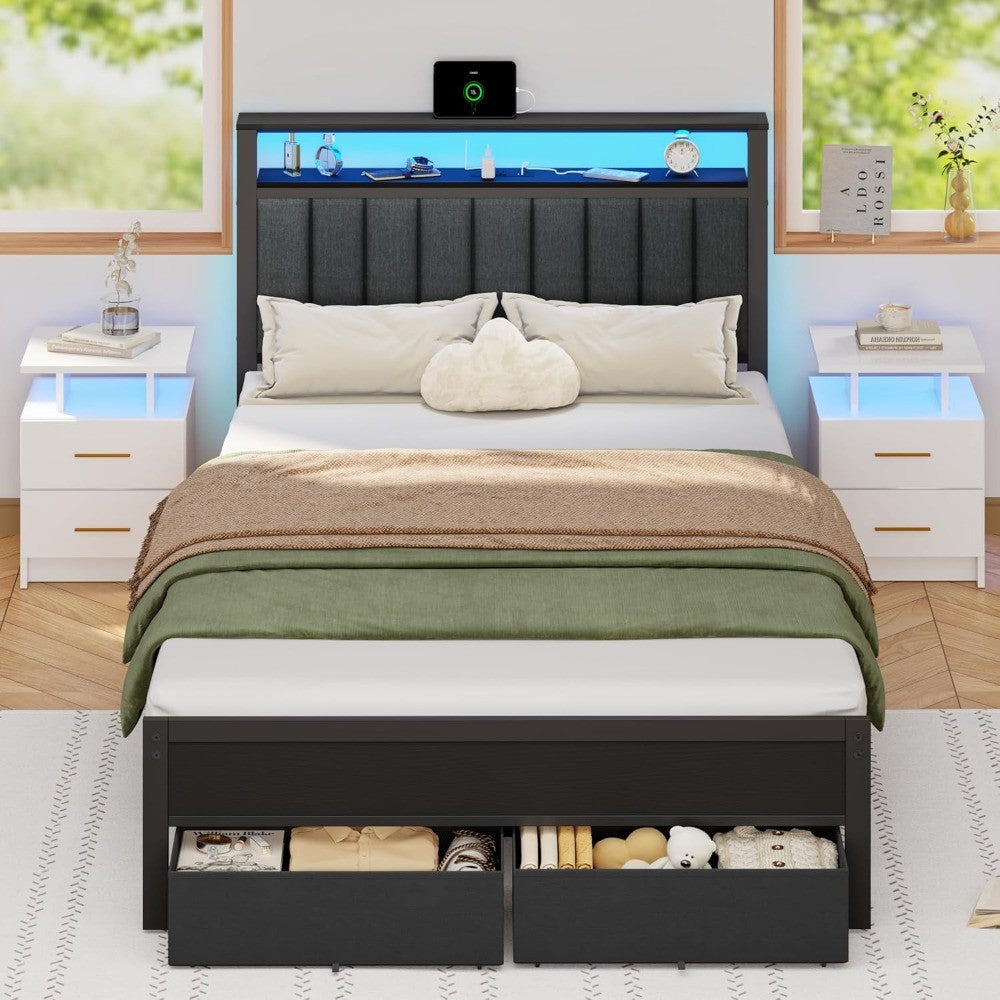 Bed Frame Charging Station and LED Lights,Grey Upholstered Headboard with Shelves,Metal Platform Bed with 2 Under-Bed Storage