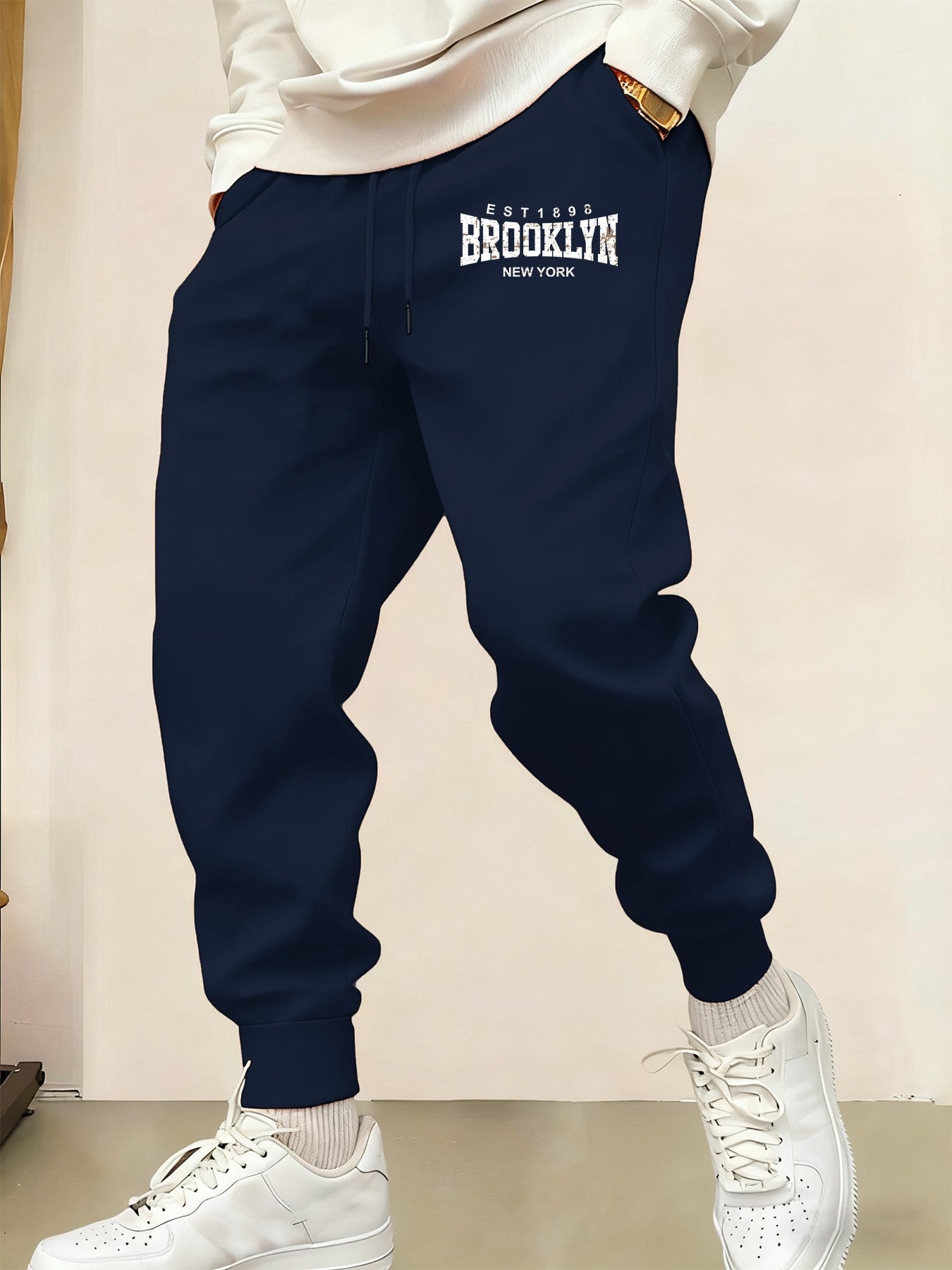 Calça Moletom Masculina Brooklyn New York Estampada Quente Confortável Calças Longas Jogger Básica Bolsos Cintura Elástica Calça Versátil