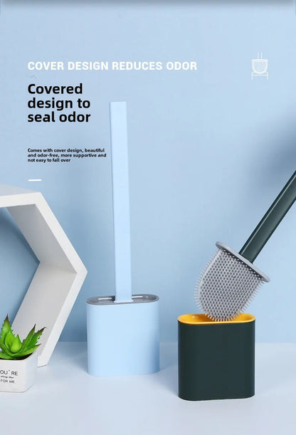 Toilet Brush Water Leak Proof With base Silicone Wc Flat Head Flexible Soft Bristles Brush with Quick Drying Holder Set
