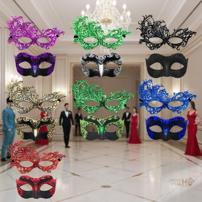 Set of 2, Couple's Elegant Black Lace Masquerade Masks for Costume Parties