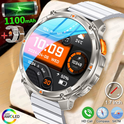 Relógio Inteligente Militar com Bússola GPS Masculino Bateria 1100mAh Lanterna Frequência Cardíaca 100+ Modos Esportivos Chamada Bluetooth Smartwatch à Prova d'Água