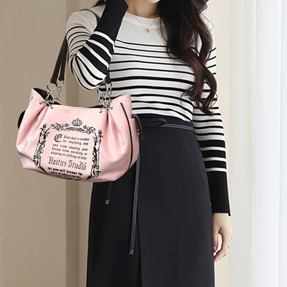 Letter Print Faux Suede Women Handbag Shoulder Bag, Retro Large Capacity Tote Bag for Daily Commuting and Hand-Carry.Pumpkin Bag