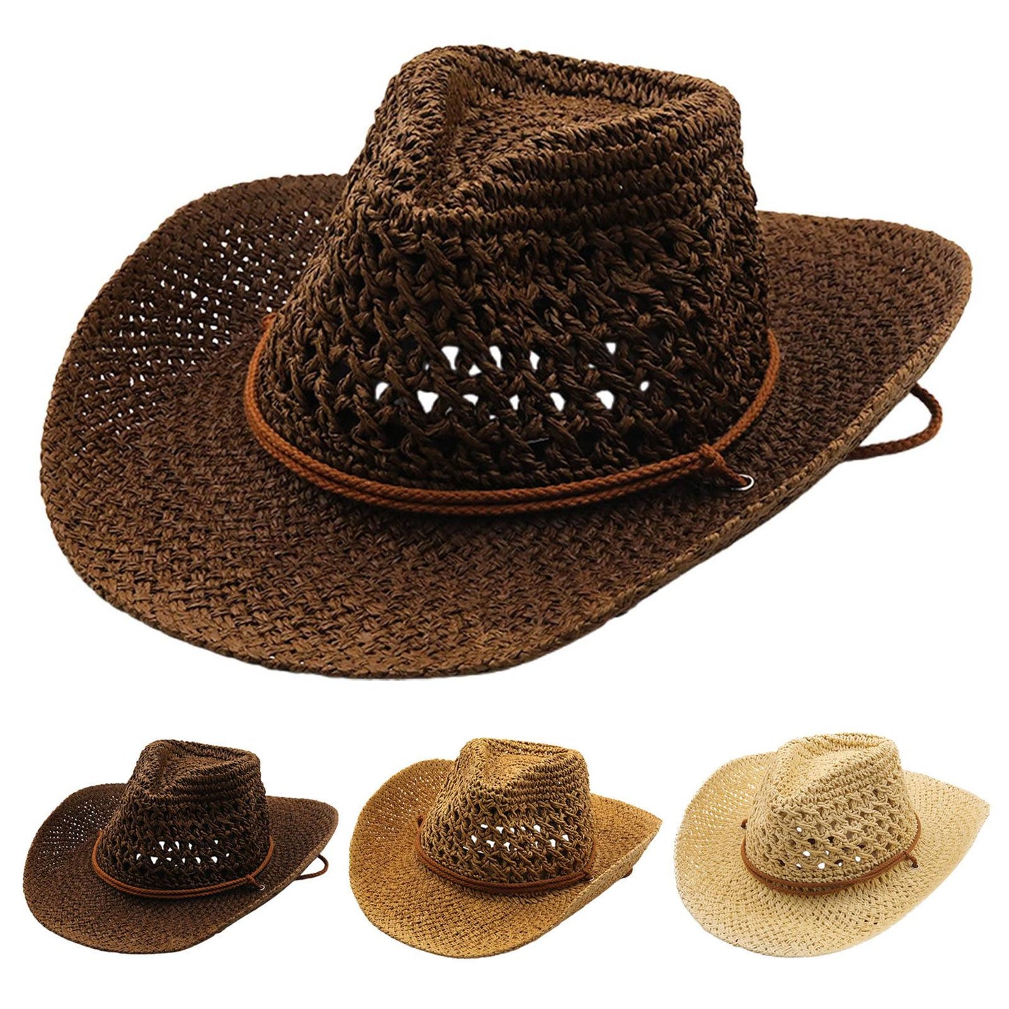 Women's Ethnic Style Cowboy Hat Hollow Out Breathable Summer Outdoor Casual Vacation Fashion Weave Wide Shapeable Brim Hats