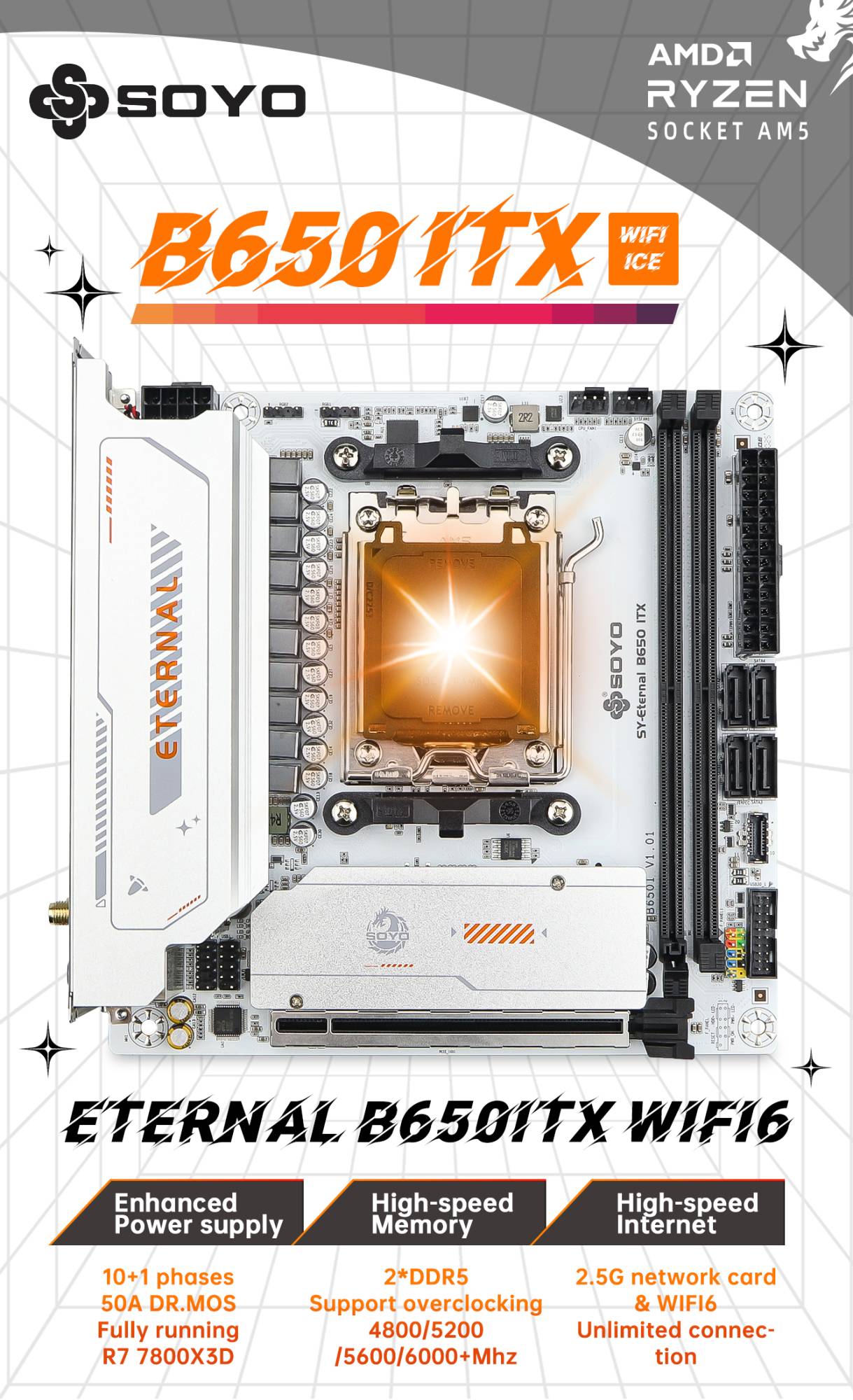 Placa-Mãe Mini SOYO B650ITX AMD AMD Ryzen AM5 DDR5 Suporta Processadores CPU 7000 8000 9000 Pcie5.0x16 Pcie4.0x4 M.2 ARGB WIFI6