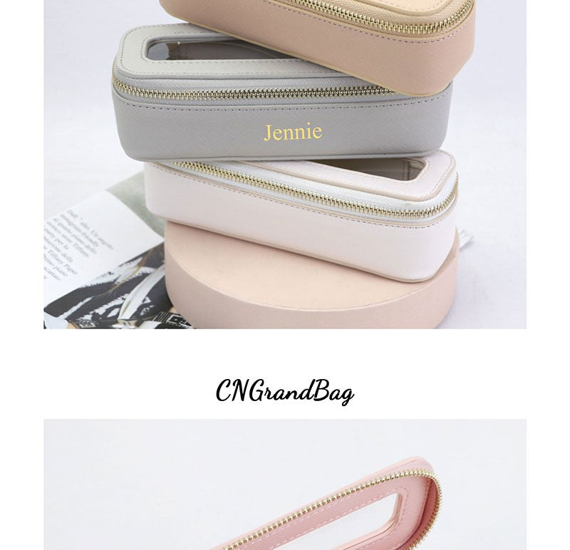 Free Custom Name Genuine Leather Travel Cosmetic Bag Set Colorful Classic Saffiano Portable Wash Bag for Women