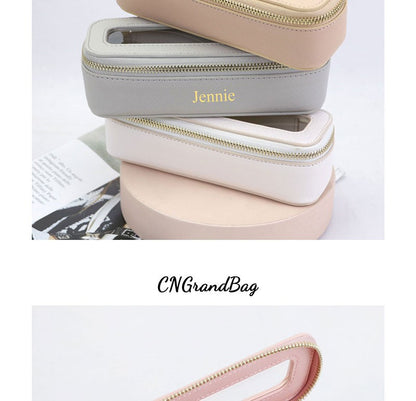 Free Custom Name Genuine Leather Travel Cosmetic Bag Set Colorful Classic Saffiano Portable Wash Bag for Women