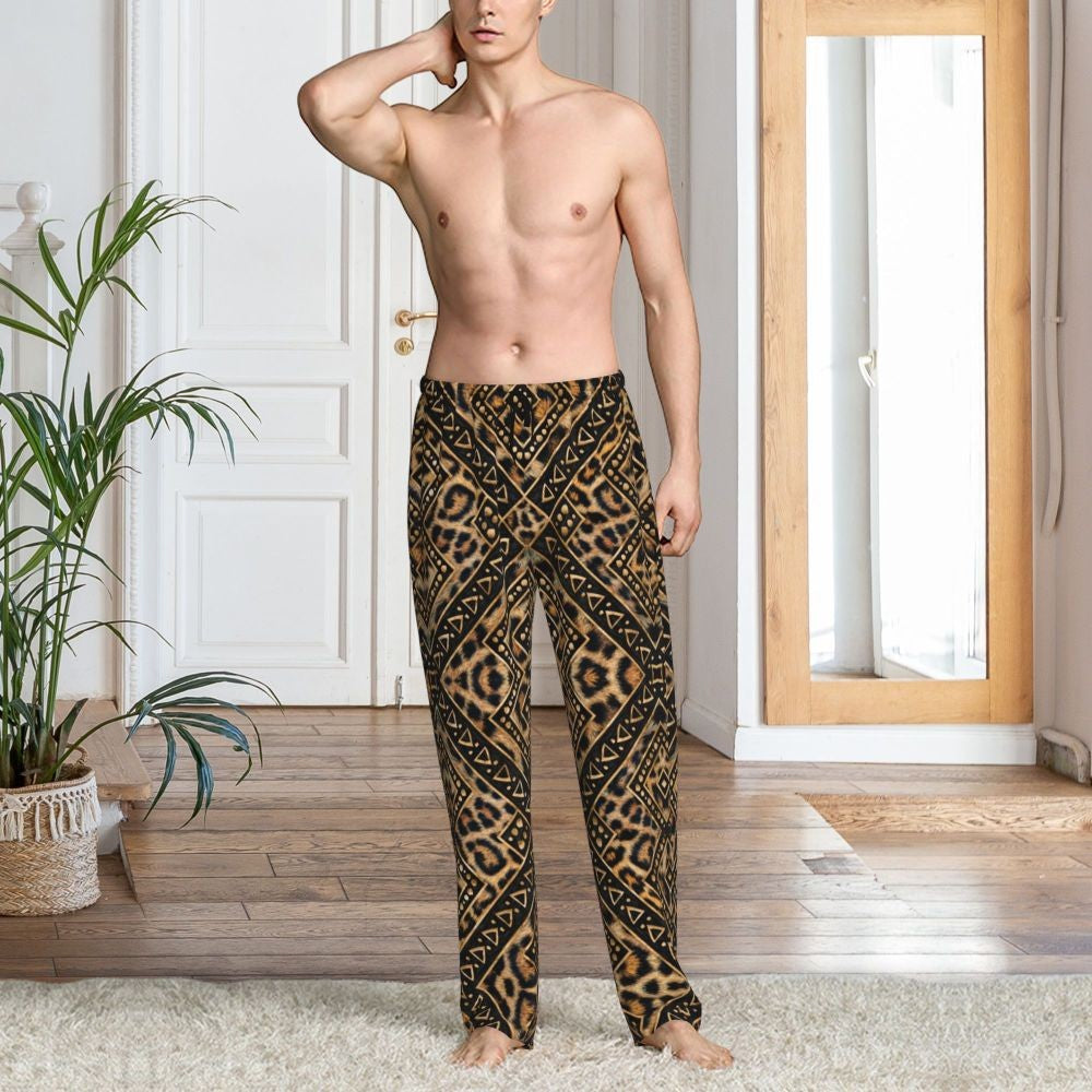 Custom Leopard Print Pajama Pants Men's Animal Skin Sleepwear Lounge Sleep Bottoms Stretch with Pockets