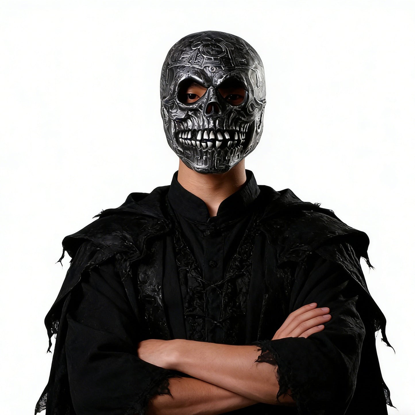 1Pc Handmade Latex Skull Mask Antique Silver Aztec Carvings Full Face Halloween Cosplay Prop