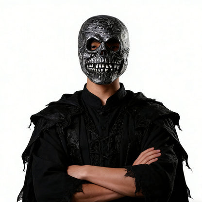 1Pc Handmade Latex Skull Mask Antique Silver Aztec Carvings Full Face Halloween Cosplay Prop