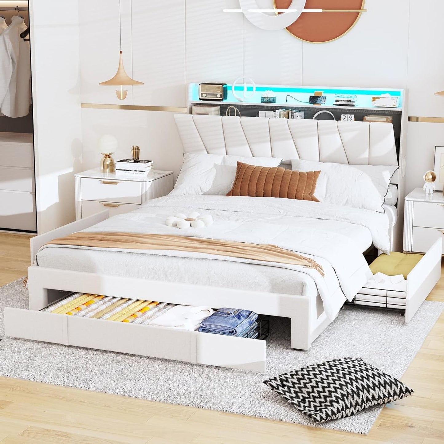 Full Size Bed Frame with Storage Headboard and 3 Drawers,Upholstered Platform Bed with Charging Station,Full Bed Frame w