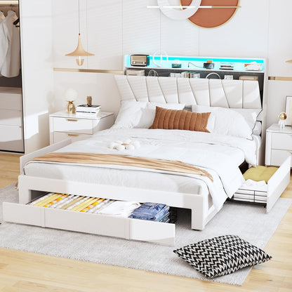 Full Size Bed Frame with Storage Headboard and 3 Drawers,Upholstered Platform Bed with Charging Station,Full Bed Frame w