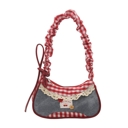 New Cute Checkered Handbags Sweet Lace Underarm Bag Bowknot Armpit Shoulder Crossbody Bag Y2k Fashion Casual Shoulder Bag
