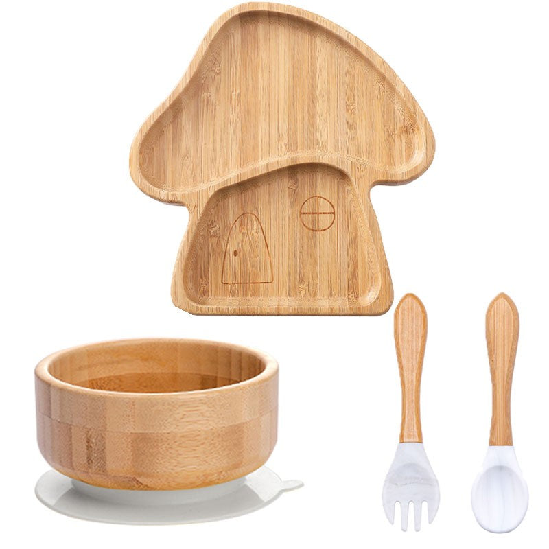4pcs Bamboo Plate Sets Baby Feeding Bowl Wooden Kids Feeding Supplies Spoon Fork for Baby Tableware Suction Plate Bowl Cup