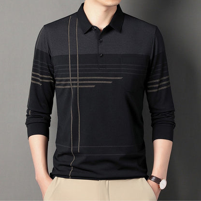 New Men's Polo Shirt Long-sleeved Polos Shirt Lapel Fashion Spring and Autumn Thin Shirt Casual Loose Tops Striped Streetwear