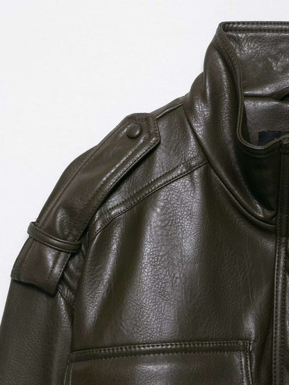 HH Women Large Front Pocket Jacket Vintage Solid Turtleneck Long Sleeve Zipper Faux Leather Jacket Fashion High Street Lady Coat