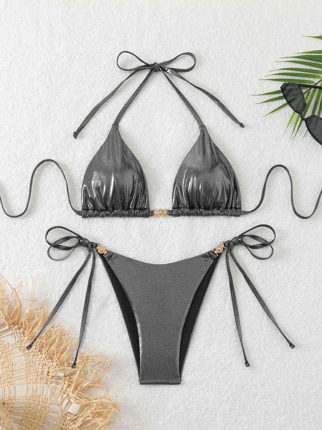 Sexy Black Brozing Bikini Set Women Summer Push Up Bra Tie Side Thong Swimsuit Beach Bathing Suit Holiday Swimwear Biquini