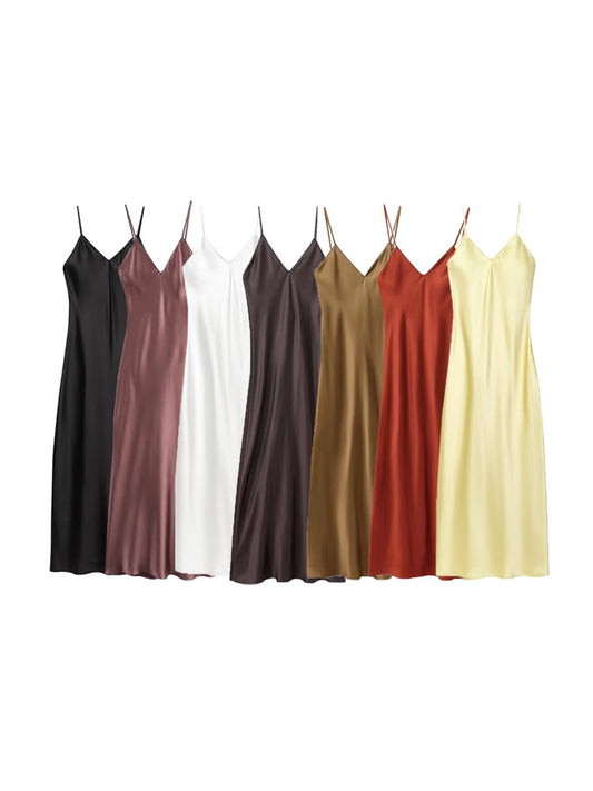 TRZA-Women's Satin Midi Dress, V Neck, Thin Straps, Backless, Female Dresses, Se