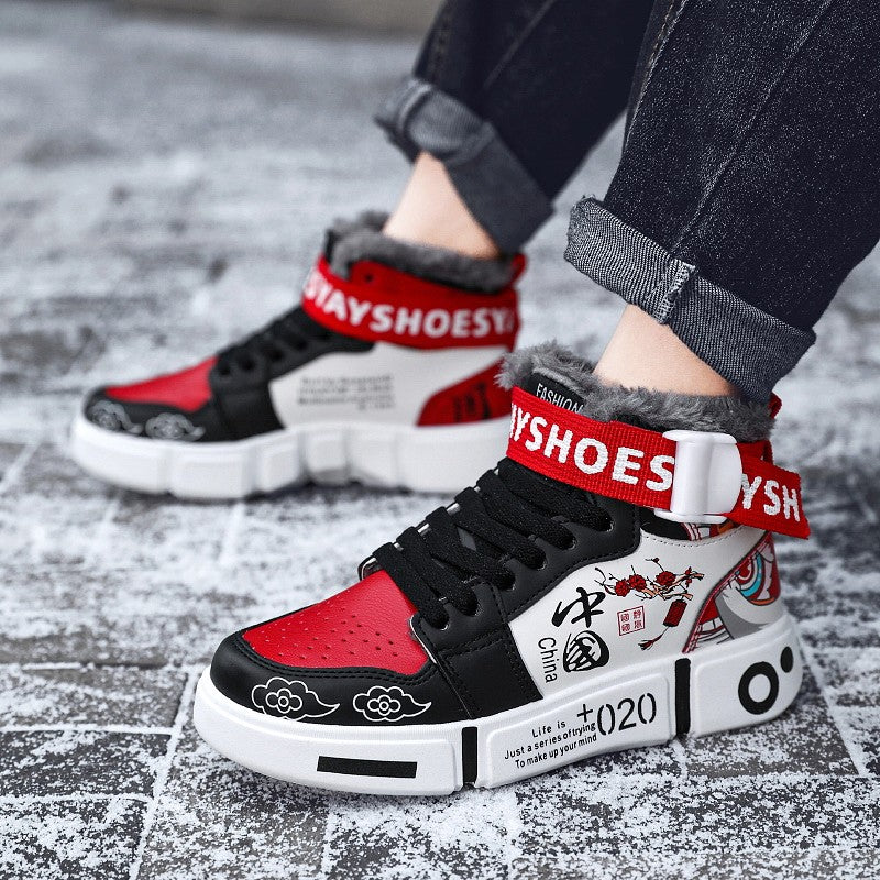 Mens Board Shoes 2025 Winter New High Top Winter Warm Casual Sports Shoes Flat Cotton Comfortable Outdoor Walking Shoes for Men