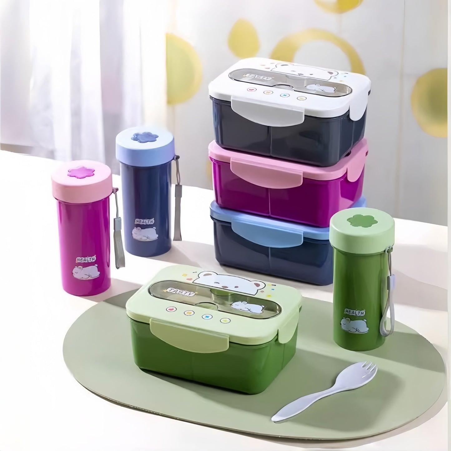 Conjunto de Copo Lancheira Infantil de Plástico Portátil 1200ML com Garfo e Lancheira Infantil com Copo de Água, Recipiente para Armazenamento de Alimentos