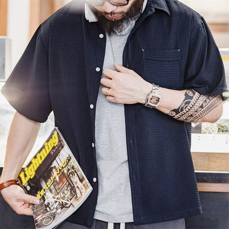 Summer Men's Waffle Short Sleeve Cargo Shirts 2025 New Casual Retro Breathable Lapel Blouse Y2K Vintage Streetwear Tee Shirt