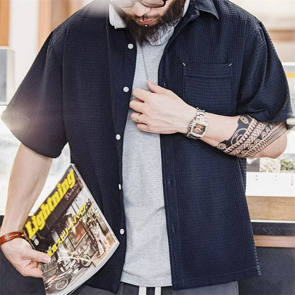 Summer Men's Waffle Short Sleeve Cargo Shirts 2025 New Casual Retro Breathable Lapel Blouse Y2K Vintage Streetwear Tee Shirt