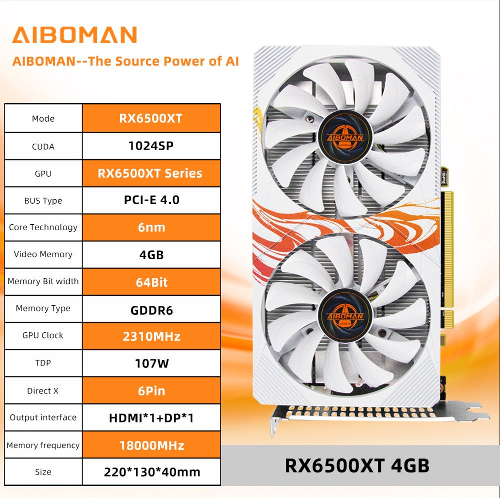 Placa de vídeo para jogos AIBOMAN RX6500XT 4G Fox Backboard Pattern GDDR6 64Bit Interface de saída HDMI*1+DP*1