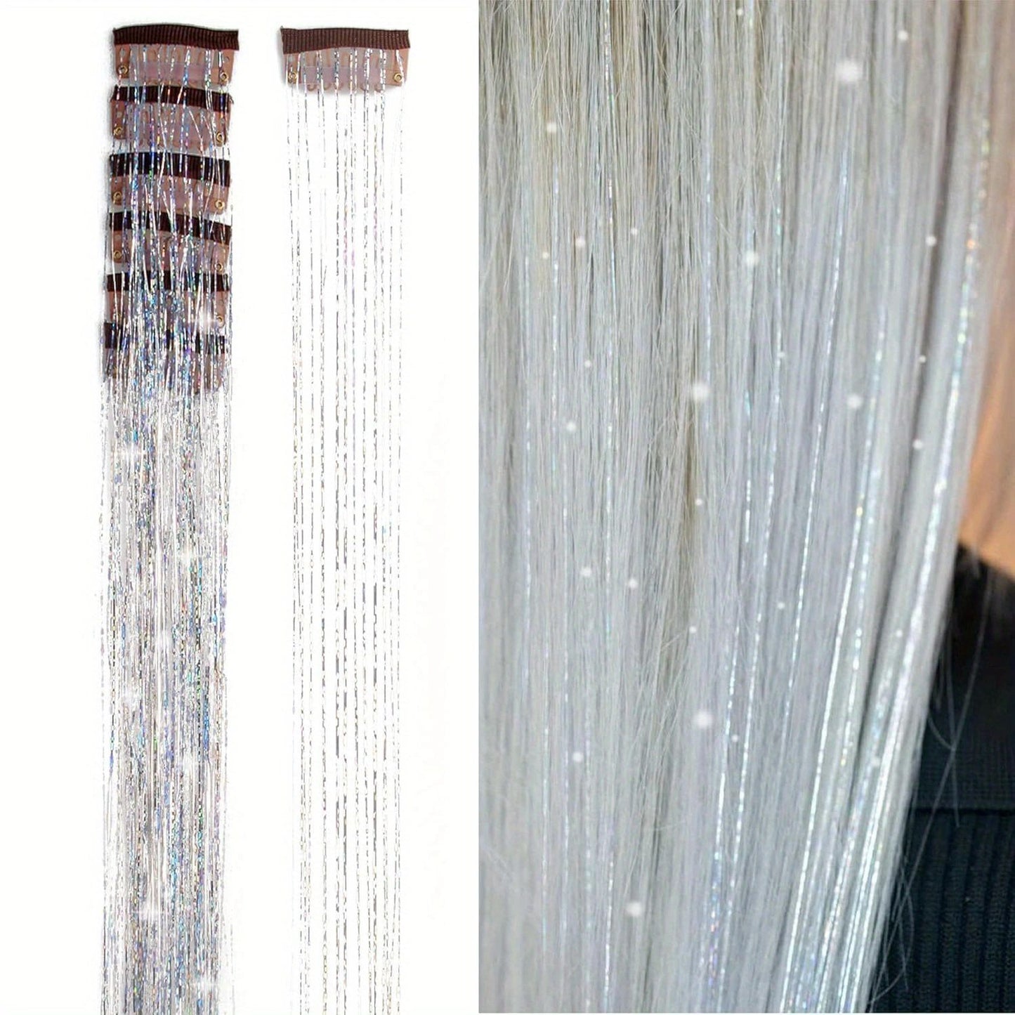 Apliques de cabelo coloridos de seda brilhante sem costura, grampo com glitter dourado de seda, faixas de cor de fio de laser deslumbrante, perucas sintéticas