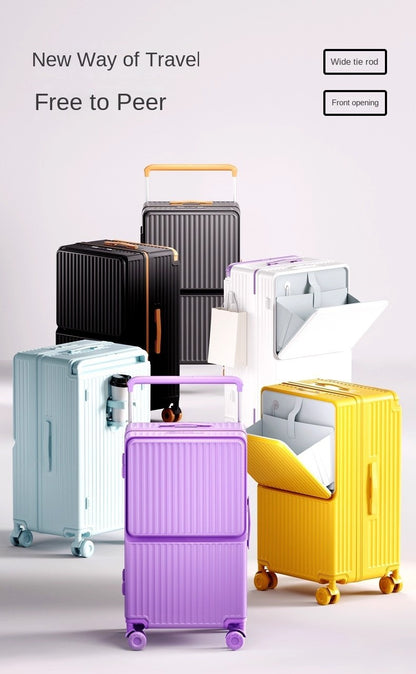 New Wide Tie Rod Luggage Front Opening Laptop Bag Multifunctional Travel Suitcases 20 inch Cabin Bag 24-30''Large Size Suitcases
