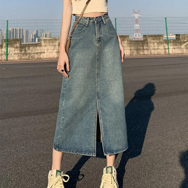 Summer New High-waist Slit Denim Skirt For Women Washed Retro A- line Skirt Hip-