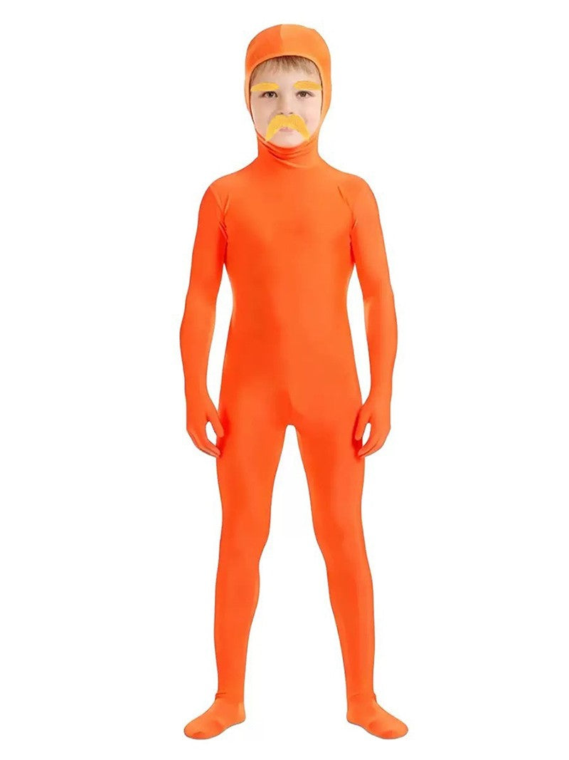 Halloween Orange Zentai Suit Open Face Full Body Bodysuit with Yellow Mustache Eyebrow for Adult Kid Cosplay Party Costume